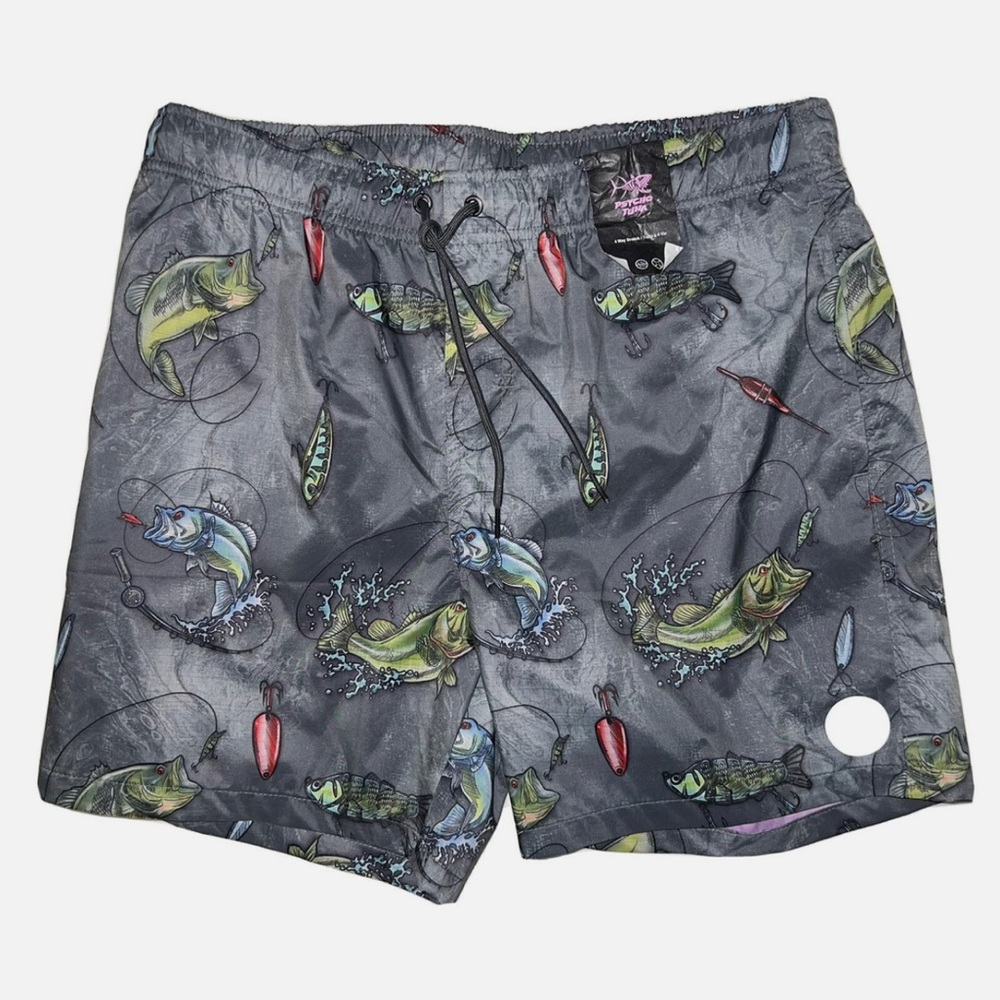 NWT Psycho Tuna Medium Reel Em In Fish Charcoal Print Board Shorts Swim Trunks